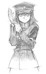  adjusting_clothes adjusting_gloves akitsu_maru_(kantai_collection) bbb_(friskuser) gloves greyscale hat kantai_collection looking_at_viewer military military_uniform monochrome peaked_cap remodel_(kantai_collection) short_hair simple_background smile solo uniform white_background 