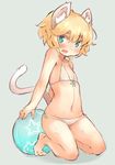  animal_ears aqua_eyes ball beachball bikini blonde_hair cat_ears cat_tail eyebrows eyebrows_visible_through_hair fang flat_chest front-tie_top kneeling looking_at_viewer navel open_mouth original short_hair side-tie_bikini simple_background solo swimsuit tail thick_eyebrows tomcat_(moconeko) 