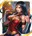  amazon black_hair blue_eyes breasts dawn_of_justice dc_comics dccu diana_prince gradient gradient_background long_hair nudtawut_thongmai pteruges solo star strapless vambraces wonder_woman wonder_woman_(series) 