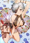  armpits arms_up bare_legs bare_shoulders barefoot between_legs breasts center_opening cleavage eyepatch flower granblue_fantasy grey_hair jewelry kneeling knife medium_breasts mikurou_(nayuta) necklace red_eyes short_hair solo tanya_(granblue_fantasy) 