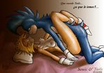  2006 bed blonde_hair blue_hair breasts clothing crossgender female footwear fox7 gloves hair leg_wrap miles_prower mohawk nipples pillow shoes sonic_(series) sonic_the_hedgehog text translation_request 