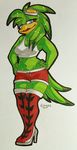  anthro avian bird boots clothing crossgender eyewear feathers footwear goggles green_feathers hawk isispy jet_the_hawk legwear navel shorts simple_background solo sonic_(series) sonic_riders thigh_high_boots 