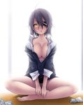  bottomless breasts cardigan cleavage eyepatch kantai_collection kintarou_(kintarou's_room) large_breasts long_hair looking_at_viewer open_clothes open_shirt parted_lips purple_hair shirt sitting solo tenryuu_(kantai_collection) used_tissue yellow_eyes 