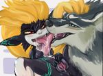  bestiality blonde_hair blue_eyes breasts canine duo female feral fur grey_fur hair imp interspecies kissing link_(wolf_form) long_tongue male male/female mammal midna nintendo pussy red_eyes saliva the_legend_of_zelda tongue twilight_princess ungulatr video_games wolf yellow_sclera 