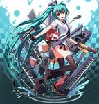  aqua_eyes aqua_hair book chunrijun_(springer) electric_guitar gloves guitar hatsune_miku highres instrument keyboard_(instrument) long_hair microphone microphone_stand necktie panties skirt solo speaker striped striped_panties thighhighs twintails underwear very_long_hair vocaloid 