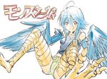  ahoge blue_hair blue_wings blush breasts dango_(bonapalt100) feathered_wings feathers harpy monster_girl monster_musume_no_iru_nichijou papi_(monster_musume) scales short_shorts shorts simple_background sketch small_breasts smile solo talons translated white_background wings yellow_eyes 