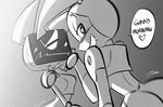 &lt;3 &lt;3_eyes 1_eye blush breasts brokenlynx21 butt dialogue duo dutch_angle english_text female greyscale jenny_wakeman looking_at_viewer looking_back machine monochrome my_life_as_a_teenage_robot one_eye_closed robot sibling sisters smile suggestive text xj-6 