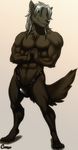  abs anthro athletic biceps black_fur black_nipples bulge canine cerezo claws fur green_eyes hair male mammal muscles nipples pecs pose sebas smile solo wolf 