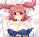  bare_shoulders bed_sheet breasts cleavage hair_bobbles hair_ornament kinagi_yuu large_breasts looking_at_viewer lying on_back onozuka_komachi red_eyes red_hair short_hair solo touhou two_side_up 