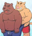  bear board clothing duo embarrassed kick_ra male mammal pants_pull simple_background swimming_trunks swimsuit 