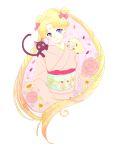  1girl animal animal_on_shoulder bishoujo_senshi_sailor_moon blonde_hair blue bow cat_on_shoulder cropped_torso daisy double_bun earrings eyes floating_hair floral_print flower hair_bow head_tilt japanese_clothes jewelry kimono long_hair luna_(sailor_moon) obi pink_bow pink_flower pink_kimono pink_rose print_kimono rose sash smile solo star star_earrings tsukino_usagi twintails upper_body uranus1225 very_long_hair white_flower yukata 