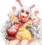 1girl animal_ears animal_print bangs blush bunny_ears bunny_girl bunny_print cowboy_shot ear_down english highres korean_commentary long_hair looking_at_viewer off-shoulder_shirt off_shoulder original paw_pose red_eyes red_scarf scarf shirt short_sleeves simple_background smile snowflake_print solo user_wcgm5435 very_long_hair wavy_hair white_background white_hair yellow_shirt 