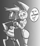  &lt;3 1_eye blush breasts brokenlynx21 dialogue duo english_text female greyscale jenny_wakeman looking_at_viewer looking_away machine monochrome my_life_as_a_teenage_robot robot sibling sisters smile text xj-6 