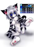  anthro blue_eyes breasts cat claws collar feline female fur grey_fur hair karin mammal markings nipples nude pawpads paws pussy short_hair sitting solo striped_fur stripes tetetor-oort text whiskers white_hair 