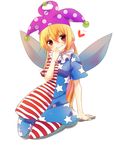  american_flag_dress american_flag_legwear arm_support bad_id bad_pixiv_id bangs blonde_hair blush clownpiece dress fairy_wings full_body grin hair_between_eyes hat heart highres jester_cap legs_folded long_hair looking_at_viewer pantyhose red_eyes seiza shadow short_dress short_sleeves simple_background sitting smile solo striped striped_dress striped_legwear tareme touhou varyu white_background wings 