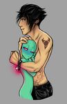  alien antennae blush clothed clothing dib embrace green_skin hug human invader_zim irken male male/male mammal not_furry tattoo unknown_artist zim 