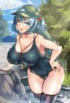  backpack bag black_legwear blue_eyes blue_hair blue_sky breasts cabbie_hat cleavage cloud covered_navel curvy day glint hair_bobbles hair_ornament hat huge_breasts jewelry kawashiro_nitori kazo key large_breasts leaning_forward looking_at_viewer necklace one-piece_swimsuit open_mouth school_swimsuit shiny shiny_skin skin_tight skindentation sky solo swimsuit taut_clothes taut_swimsuit teeth thick_thighs thighhighs thighs toned touhou twintails two_side_up wide_hips 