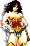  black_hair blue_eyes dc_comics gradient gradient_background hands_on_hips lasso pteruges solo strapless vambraces wonder_woman wonder_woman_(series) 