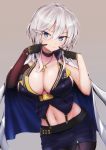  azur_lane bangs black_gloves blue_eyes breasts brown_gloves choker cleavage cross cross_earrings cross_necklace earrings elbow_gloves eyebrows_visible_through_hair fingers_to_cheeks garter_straps gloves hair_between_eyes jacket_on_shoulders jewelry large_breasts looking_at_viewer mole mole_on_breast navel necklace pantyhose pencil_skirt popped_collar short_hair silver_hair single_elbow_glove skirt solo thighhighs washington_(azur_lane) west_(vaem5527) wristband 