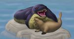  2014 ambiguous_gender black_eyes blue_fur brown_fur cute duo eyes_closed feral flippers fur kyrth marine nude open_mouth outside red_fur rock rorix rorix_(character) sea_lion seal sharp_teeth size_difference spots teeth tongue water yellow_fur yellow_sclera 