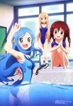  :3 :d absurdres arm_up armpits blonde_hair blue_eyes blue_hair blush brown_hair competition_swimsuit doma_umaru ebina_nana goggles highres himouto!_umaru-chan kikuchi_ai legs long_hair looking_back megami multiple_girls non-web_source official_art one-piece_swimsuit open_mouth pool poolside red_eyes smile swimsuit tachibana_sylphynford water 