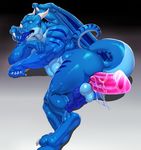  2015 anal anal_penetration anthro anus balls biceps blue_eyes butt claws cum digitigrade dildo dragon erection forked_tongue horn justmegabenewell knot looking_at_viewer male muscles nude open_mouth penetration penis sex_toy simple_background solo tabra tongue tongue_out wings 
