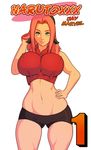  1girl bike_shorts boyshorts breasts comic cover erect_nipples female haruno_sakura huge_breasts impossible_clothes impossible_shirt jay-marvel large_breasts lips mound_of_venus naruto nipples pink_hair shirt simple_background solo standing taut_clothes taut_shirt text white_background wide_hips 