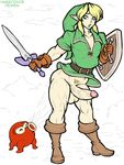  2015 assisted_nudity balls bottomless clothed clothing demien erection girly habbodude half-dressed holding_weapon hylian link male melee_weapon nintendo not_furry octarock penis shield sword the_legend_of_zelda video_games weapon 