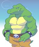  ... abs alligator anthro biceps big_muscles bulge claws clothed clothing crocodile donkey_kong_(series) e-w01f half-dressed kremling kritter male muscles nintendo nipples pants pecs reptile scalie standing teeth topless video_games 