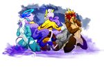  abstract_background anthro breast_grab breast_squish breasts brown_hair crouching dodolovelove entei female fur group hair legendary_pok&eacute;mon nintendo nude pok&eacute;mon purple_hair pussy raikou red_eyes simple_background smile suicune video_games 