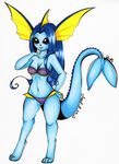  2015 anthro anthrofied bikini blue_hair brown_eyes cleavage clothed clothing dead-kittens3 digitigrade eeveelution eyelashes female hair hand_on_hip long_hair looking_at_viewer nintendo open_mouth pawpads pok&eacute;mon simple_background smile solo swimsuit traditional_media_(artwork) vaporeon video_games white_background 
