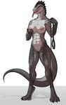  abs anthro big_breasts black_sclera blue_eyes breast_grab breasts claws collar digitigrade female forked_tongue leash lizard lunate muscles muscular_female nipples nude pet pussy reptile scales scalie simple_background solo tizzian tongue tongue_out white_background 