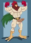  abs anthro arody avian balls bankivoide belt big_balls big_penis bird boxing boxing_gloves chicken claws feathers flexing looking_at_viewer male muscles penis red_eyes smile solo sport talons un_gallo_con_muchos_huevos 