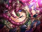  1girl arms_behind_back black_legwear black_panties black_thighhighs blue_hair breast_grab breasts cum cum_in_ass cum_in_pussy cum_on_body cum_on_breasts cum_on_upper_body double_penetration female game_cg grabbing helpless horns kara_(monsters_raid) long_hair lusterise midriff monsters_raid navel nipples panties pointy_ears pussy red_eyes sex straight_hair tentacle thighhighs triple_penetration underwear 