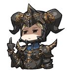  :| armor bad_id bad_twitter_id benitama black_armor black_eyes blonde_hair closed_mouth commentary dark_fencer_(granblue_fantasy) djeeta_(granblue_fantasy) full_armor gauntlets granblue_fantasy helmet horned_helmet horns lowres middle_finger pauldrons shaded_face short_hair simple_background solo spikes upper_body white_background 