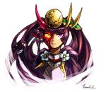  breastplate crack flower hashibi_rokou headpiece heterochromia highres horns long_hair pointy_ears purple_eyes puzzle_&amp;_dragons simple_background solo twintails upper_body white_background yellow_eyes yomi_(p&amp;d) 