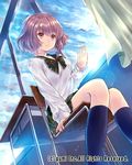  arm_support bow brown_eyes brown_hair chair cloud cloudy_sky company_name curtains day desk hanekoto kneehighs light_frown navy_blue_legwear plaid plaid_skirt pleated_skirt school_desk school_uniform serafuku short_hair sitting skirt sky solo striped striped_bow window 