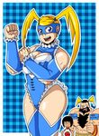  2girls beard black_hair blonde_hair blue_background blue_eyes blue_leotard breasts checkered checkered_background cheering chibi chibi_inset cleavage facial_hair flag highres large_breasts leotard long_hair mask mohawk multiple_girls rainbow_mika shirtless short_hair simple_background solo_focus street_fighter street_fighter_v street_fighter_zero_(series) twintails wrestling_outfit yamato_nadeshiko_(street_fighter) zangief 