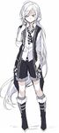  ahoge boots checkered commentary_request expressionless full_body hijiri_(resetter) long_hair looking_away male_focus necktie original ponytail shorts sketch socks solo very_long_hair vest white_background white_eyes white_hair 