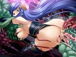  1girl bare_shoulders belt black_legwear black_thighhighs blue_hair breast_grab breasts cum cum_in_ass female game_cg grabbing horns kara_(monsters_raid) long_hair lusterise monsters_raid open_mouth pointy_ears purple_eyes sex tentacle thighhighs very_long_hair 