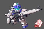  animal chibi dingo gm_sniper_ii gun gundam gundam_side_story:_rise_from_the_ashes kneeling mecha no_humans scope simple_background sniper_rifle solo tamasi weapon 