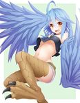  absurdres ahoge bird blue_hair blue_wings breasts chick feathered_wings feathers hair_between_eyes harpy highres midriff monster_girl monster_musume_no_iru_nichijou navel open_mouth papi_(monster_musume) scales short_shorts shorts small_breasts solo talons underboob wakagi_repa wings yellow_eyes 