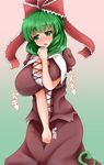  blush bow breast_press breasts cleavage cross-laced_clothes frills front_ponytail green_eyes green_hair hair_bow hair_ornament hair_ribbon huge_breasts hydrant_(kasozama) kagiyama_hina looking_away open_mouth ribbon solo sweat touhou 