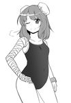  ;) bandaged_arm bandages belly blush breasts breath bun_cover competition_school_swimsuit cuffs double_bun ganmaganmo greyscale hand_on_hip ibaraki_kasen looking_at_viewer monochrome one-piece_swimsuit one_eye_closed shackles short_hair small_breasts smile snort solo swimsuit touhou 