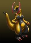  claws female feral haxorus latex_(artist) nintendo pok&eacute;mon pose red_eyes rubber shiny video_games wide_hips 