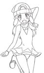  1girl blush female hat hikari_(pokemon) kuro_hopper long_hair looking_at_viewer miniskirt monochrome nintendo open_mouth panties pantyshot pokemon scarf simple_background skirt solo underwear upskirt 