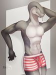  2015 anthro briefs clothed clothing garroh grey_background grey_scales grey_theme half-dressed hand_behind_head looking_at_viewer male pose reptile scales scalie simple_background snake solo standing topless underwear watermark white_scales 