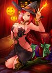  big_breasts bow breasts green_bow large_breasts pillow pillows red_hair witch witch_hat with_hat 