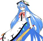  blue_hair blush collared_shirt dress food food_on_head fruit fruit_on_head ganmaganmo hand_on_hip hat hinanawi_tenshi layered_dress long_hair looking_at_viewer object_on_head peach red_eyes shirt smile solo sword_of_hisou touhou tsurime very_long_hair 