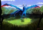  2014 blood blue_scales blue_sky cervine clearing deer dragon feral forest grass killing male mammal prey ratheyu_natasatch scalie sky tree velannal 